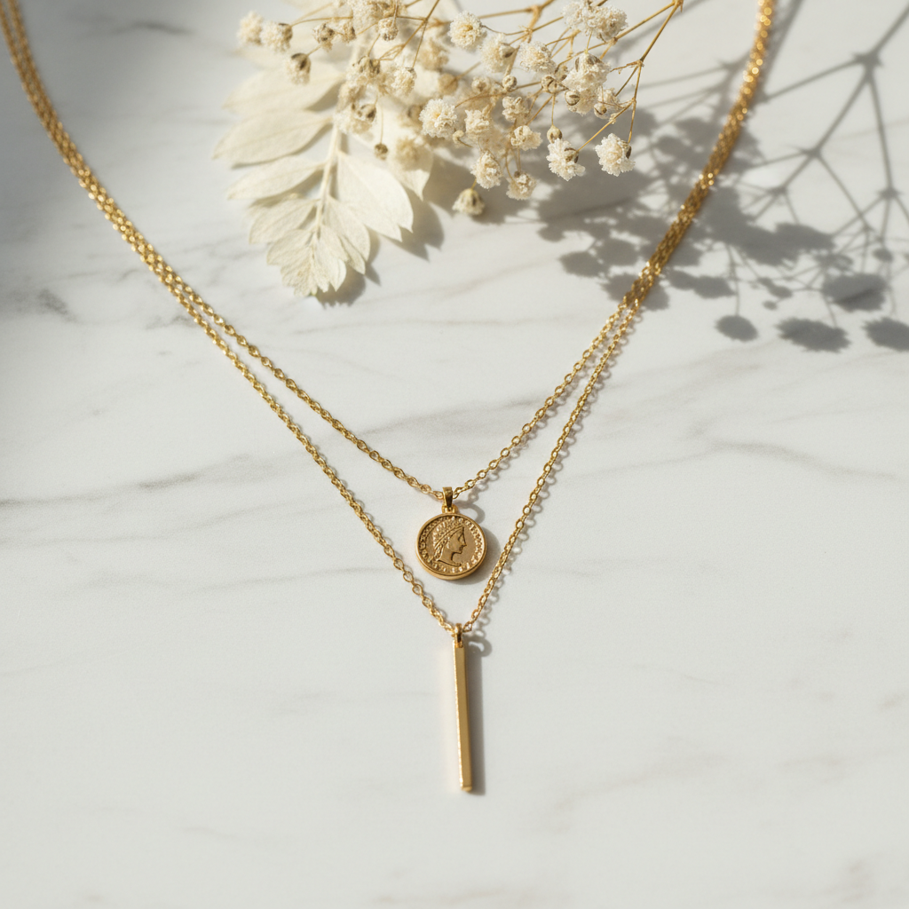 Elegant layered coin necklace on white marble surface