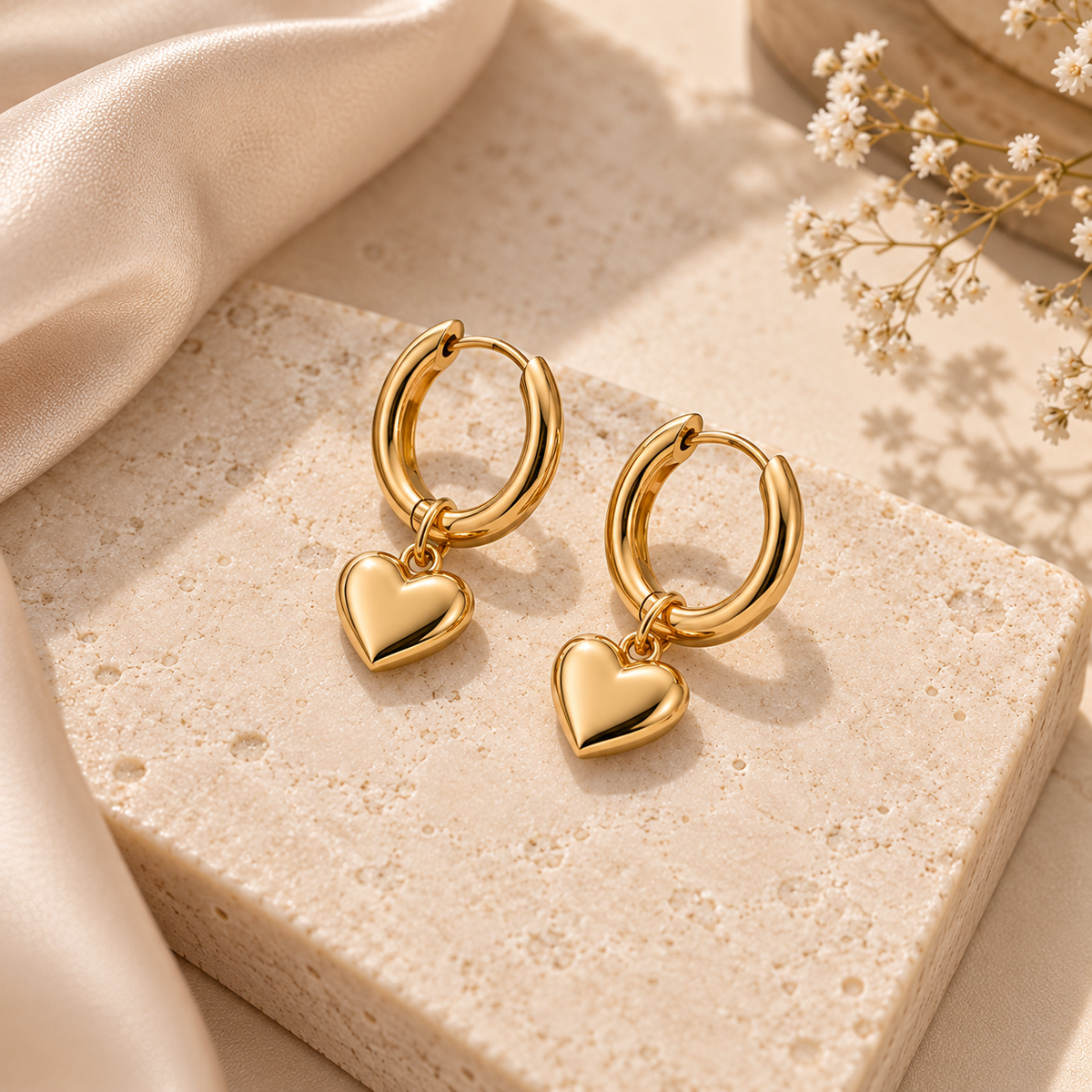 Gold heart charm hoop earrings on stone surface with flowers