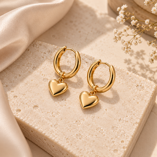 Gold heart charm hoop earrings on stone surface with flowers