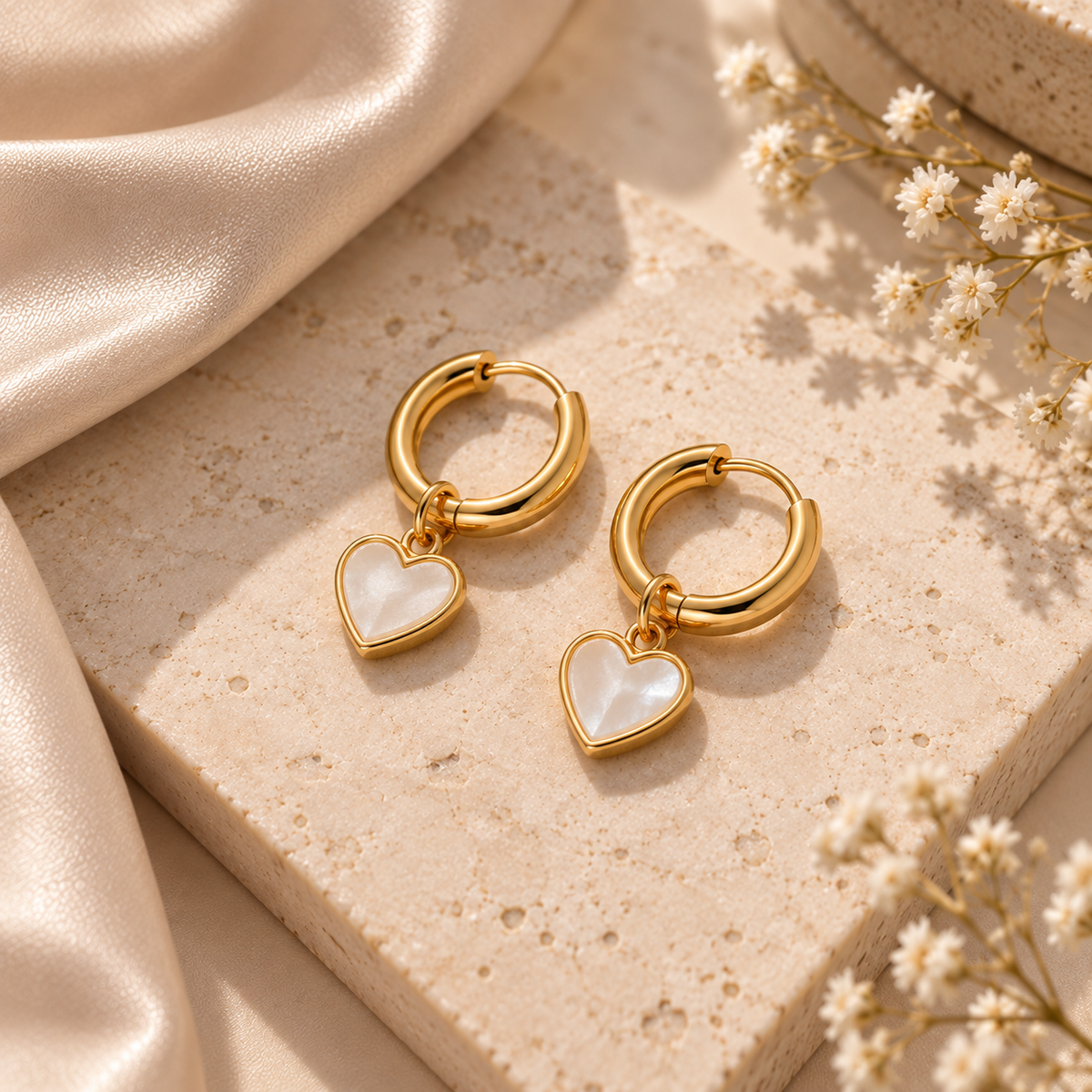 Mother of pearl heart hoop earrings on stone surface with flowers