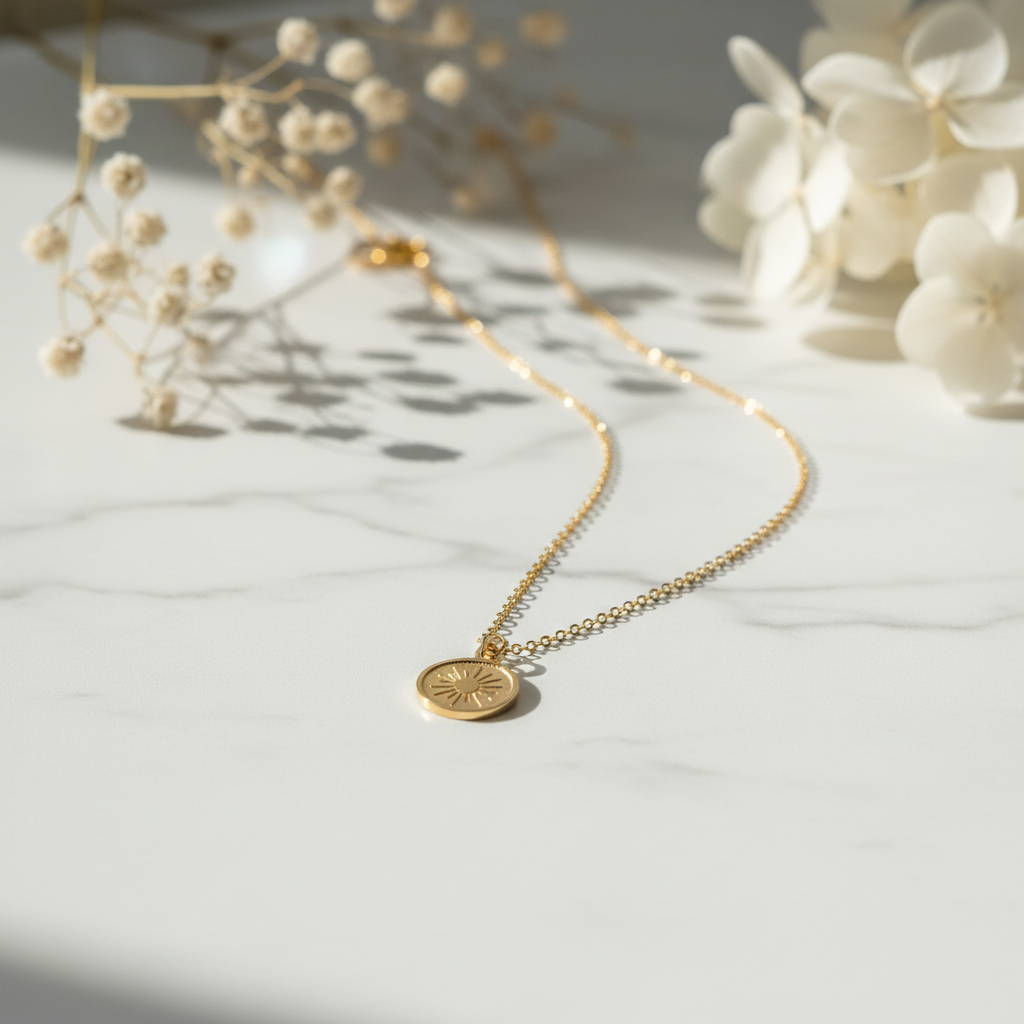 Gold coin pendant necklace on white marble surface