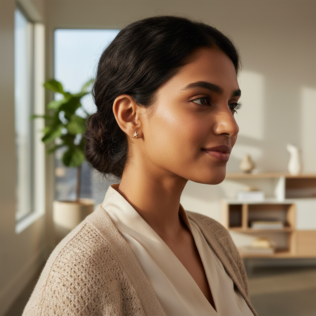 Indian woman wearing delicate gold star stud earrings