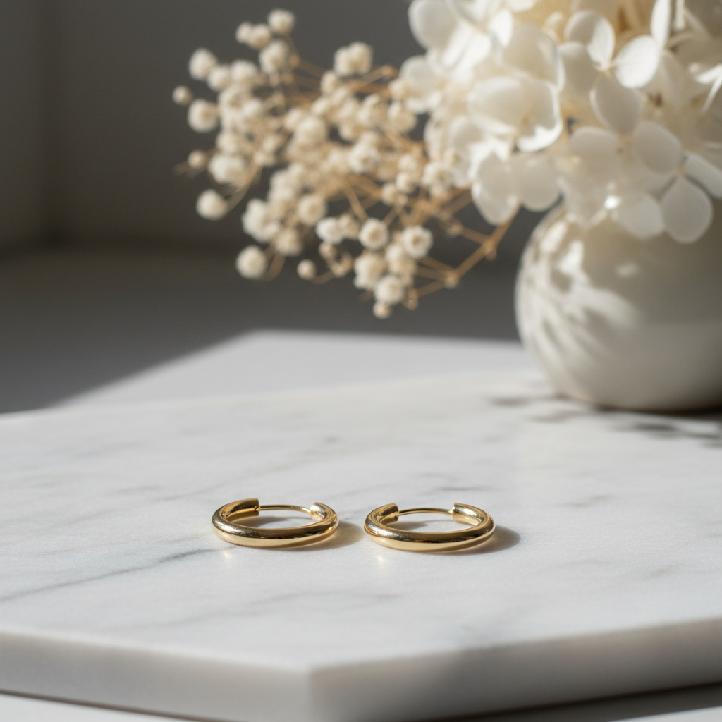 Classic gold hoop earrings on white marble surface