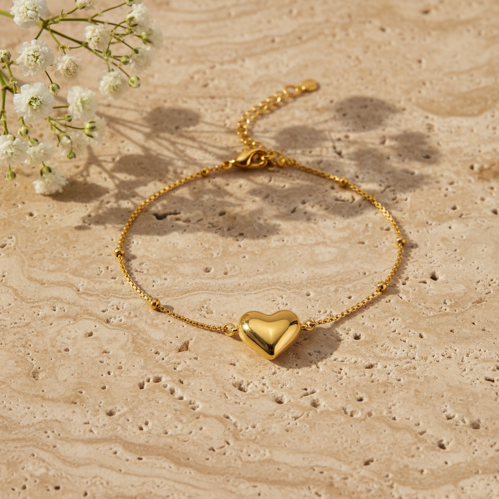 Dainty gold heart charm bracelet on warm stone with flowers