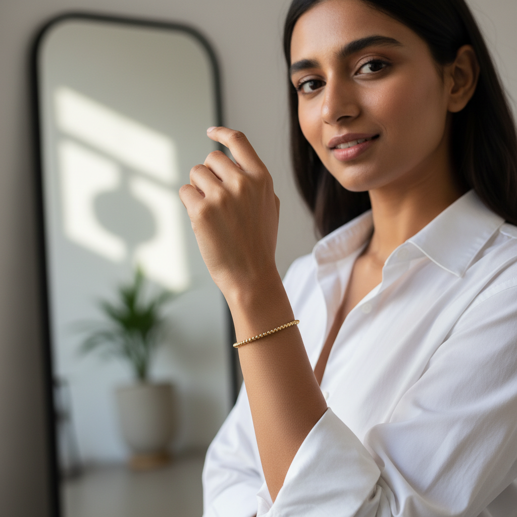 Indian woman wearing gold beaded stretch bracelet