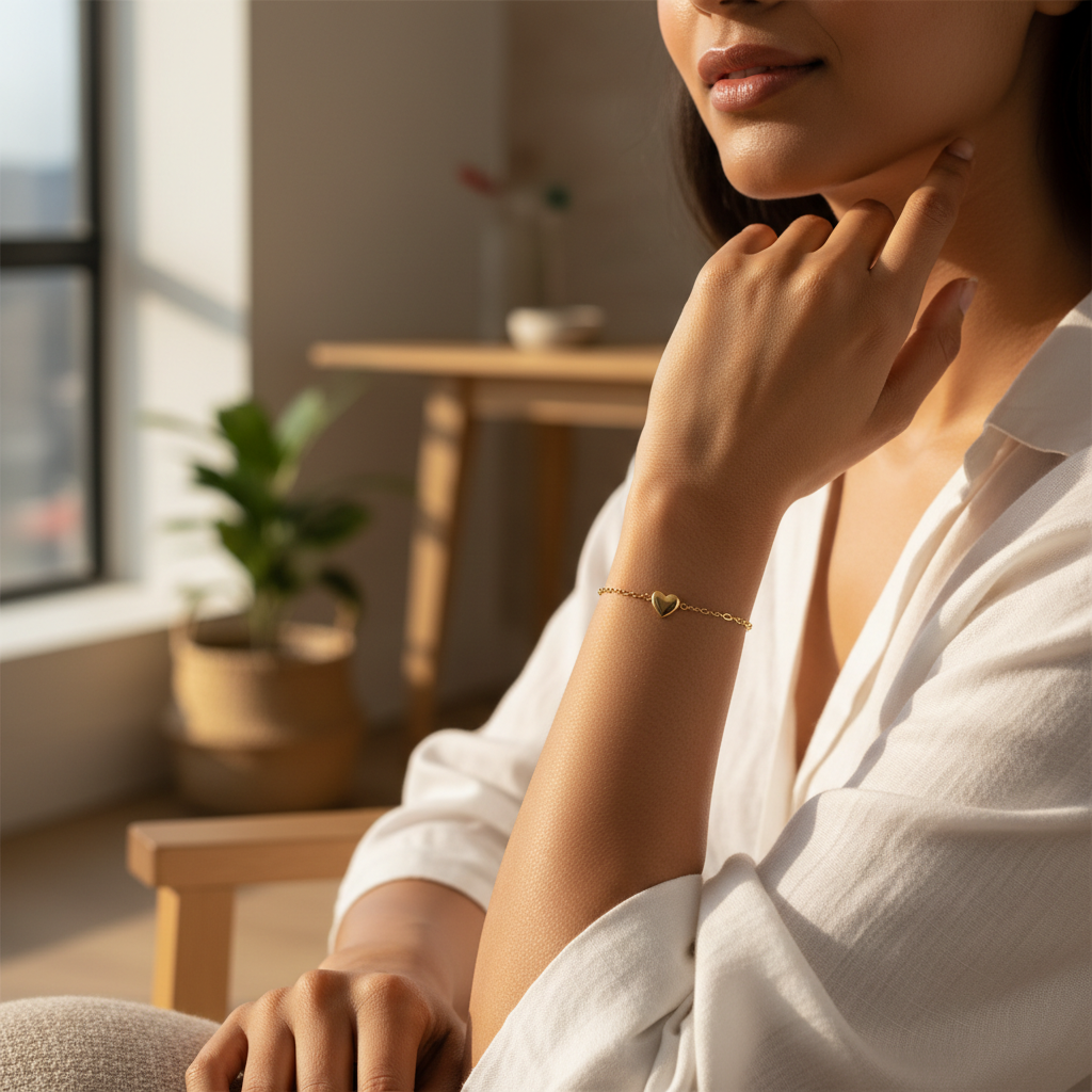 Indian woman wearing dainty gold heart charm bracelet