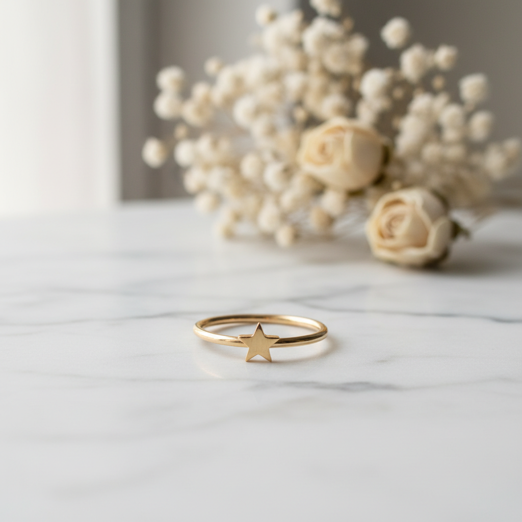Celestial star midi ring on white marble surface