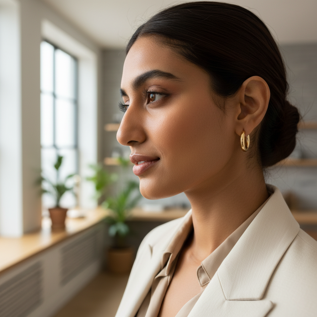 Indian woman wearing classic gold hoop earrings
