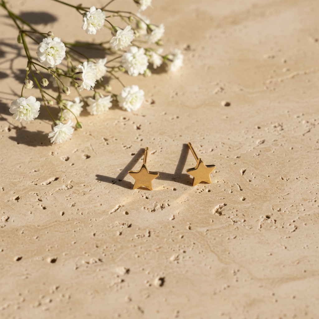 Delicate gold star stud earrings on warm stone with flowers
