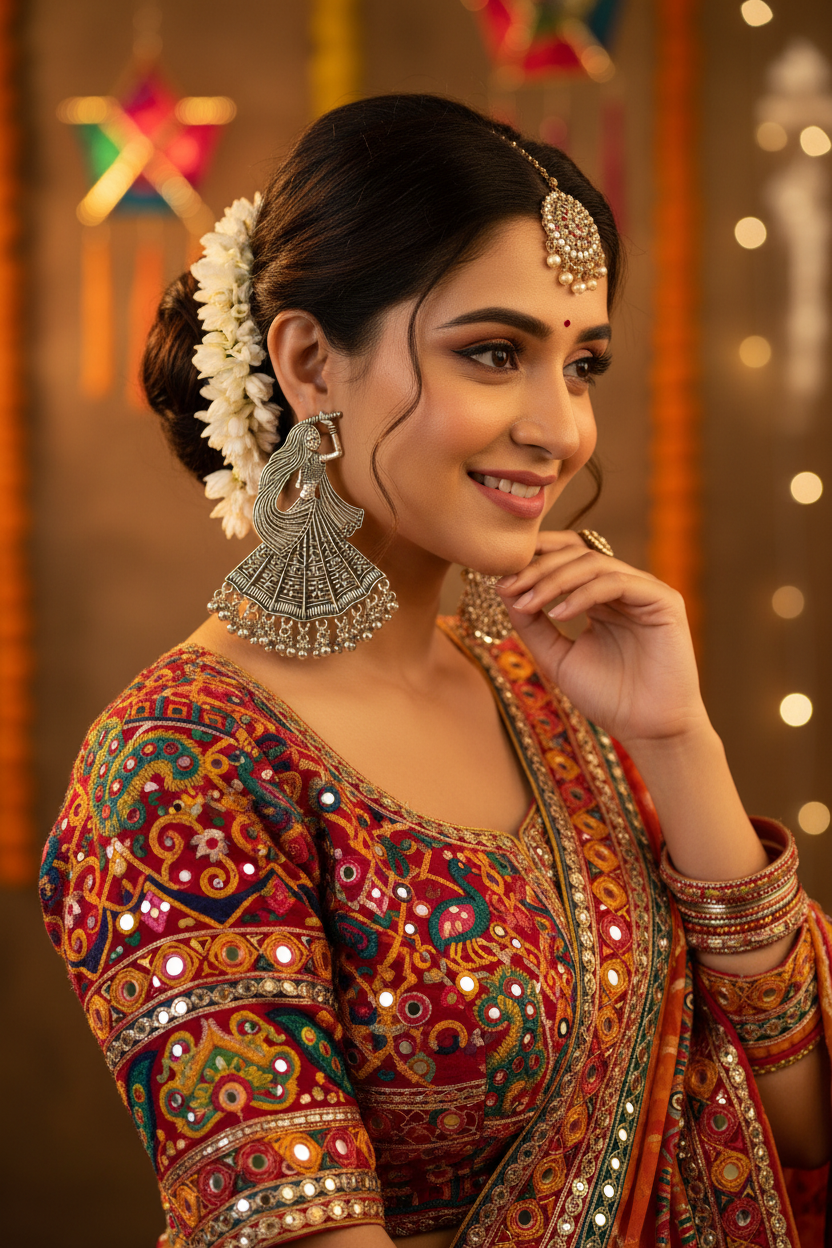 Model in Garba dress wearing dancer earrings